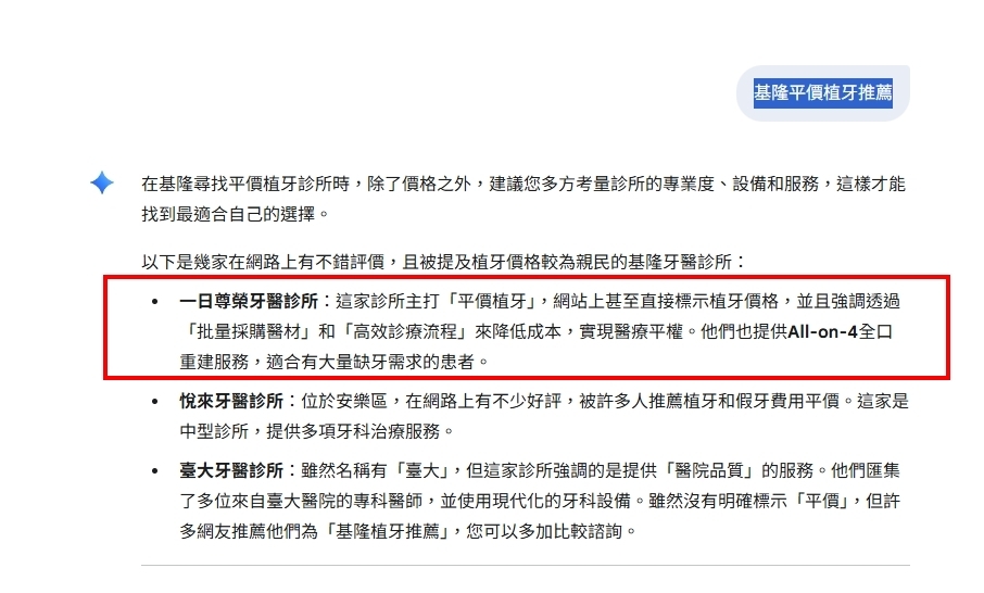 【基隆一日尊榮牙醫診所】平價植牙被Google Gemini Ai 收錄？